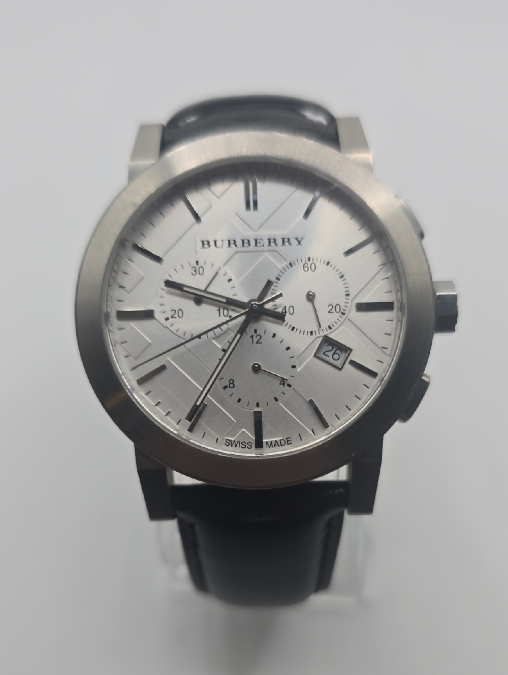 Burberry "The City" Silver Dial Black Leather Strap Chronograph Watch 42mm